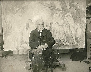 Поль Сезанн в студии на фоне Большие купальщицы 1904г